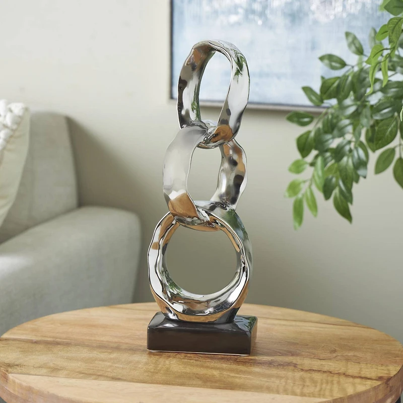 15" Silver Abstract Interlocked Rings Ceramic Sculpture with Black Base