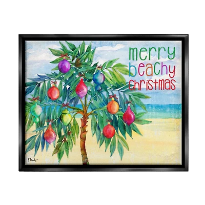 Stupell Industries Merry Beachy Christmas Holiday Palm Framed Floater Canvas Wall Art
