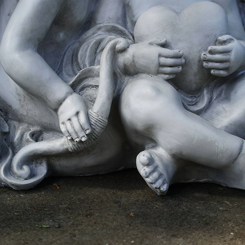 16.25" Gray Sitting Cherub Angels Holding a Heart & Bow Outdoor Statue