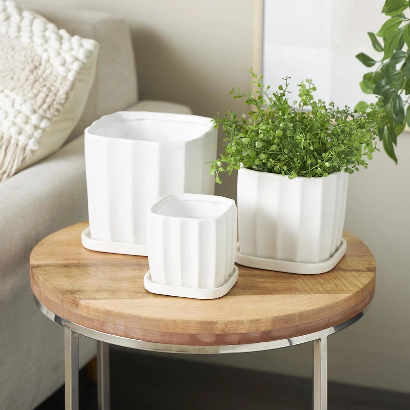White Square Wide Groove Textured Ceramic Planter Set