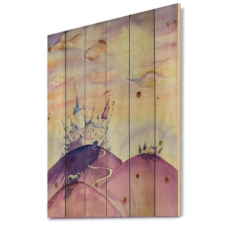 Designart - Fairy Tale Kingdom On Purple Mountain Top - Children's Art Print on Natural Pine Wood