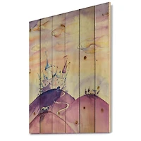 Designart - Fairy Tale Kingdom On Purple Mountain Top - Children's Art Print on Natural Pine Wood