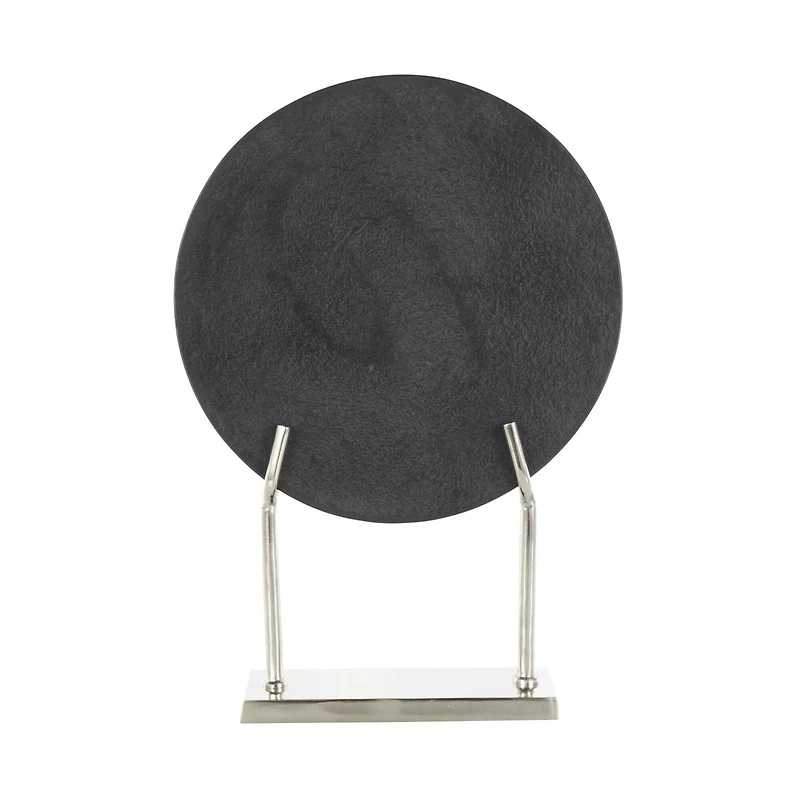 20" Black Textured Marble Disk Sculpture with Silver Metal Stand