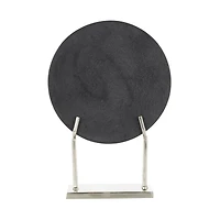 20" Black Textured Marble Disk Sculpture with Silver Metal Stand