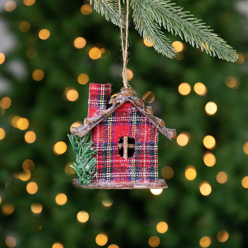 Plaid and Pine Needle Rustic Cabin Christmas Ornament - 4.25" - Red and Brown