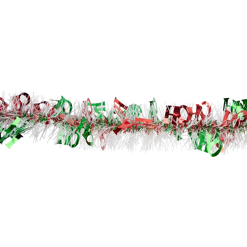 50ft. White, Red & Green Christmas HO HO HO Wrapped Tinsel Garland