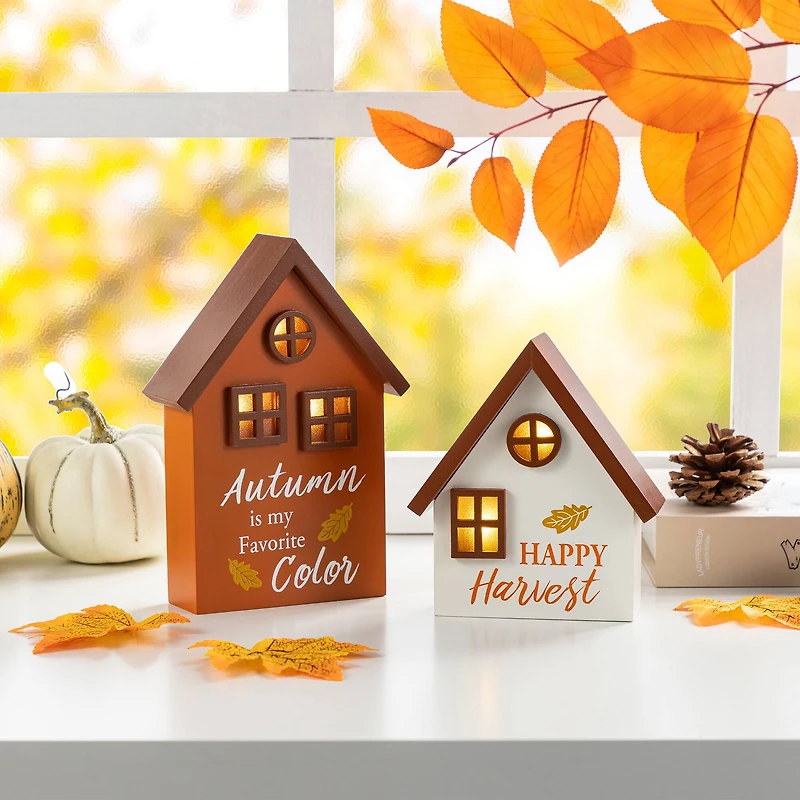 Glitzhome® Lighted Fall Wooden House-shaped Table Decor Set