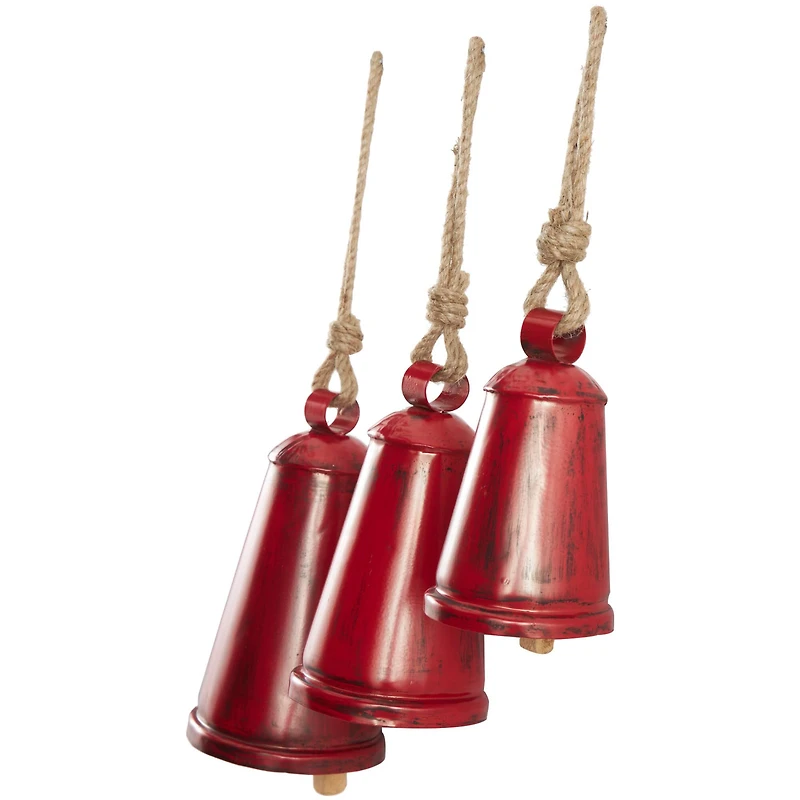 Red Metal Tibetan Inspired Decorative Cow Bells with Jute Hanging Rope Set