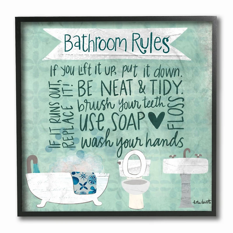 Stupell Industries Aqua Blue Bathroom Rules Collage Look Typography Framed Wall Art
