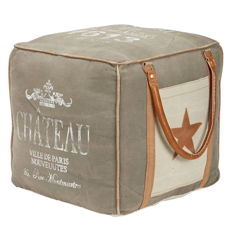 Gray Fabric and Leather Rustic Pouf, 17" x 21" x 21"