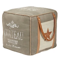 Gray Fabric and Leather Rustic Pouf, 17" x 21" x 21"