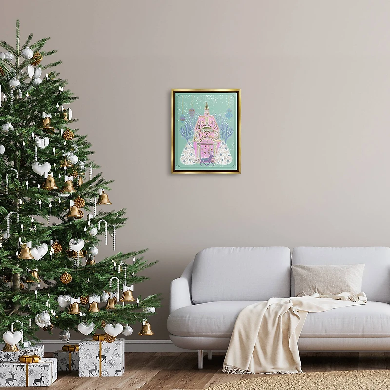 Stupell Industries Pastel Holiday Snowy Architecture Gold Framed Floater Canvas Wall Art