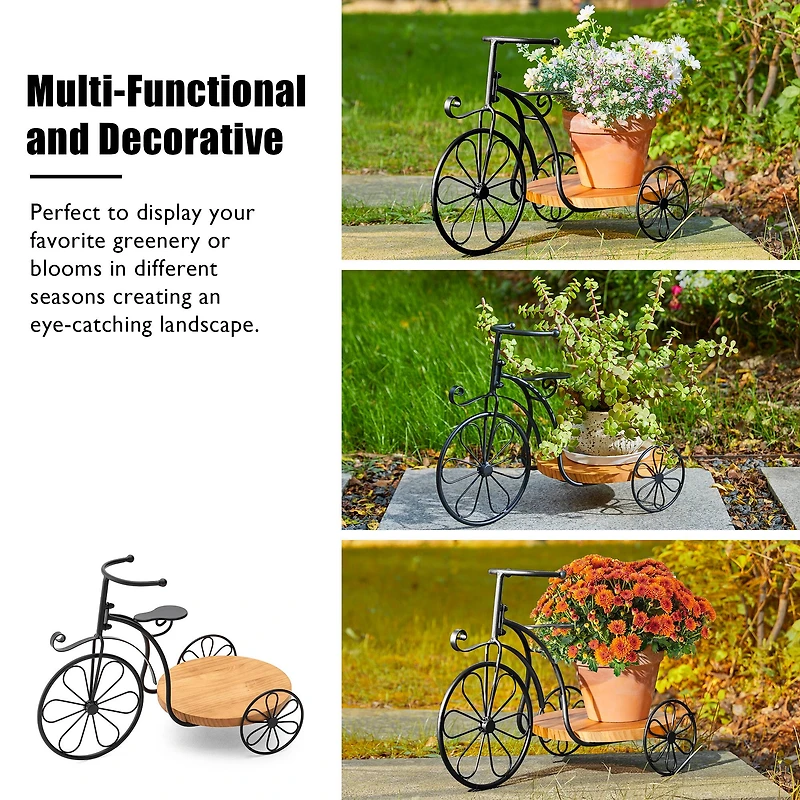 Glitzhome® 18" Black Metal Tricycle Planter Stand with Solid Wood Tray