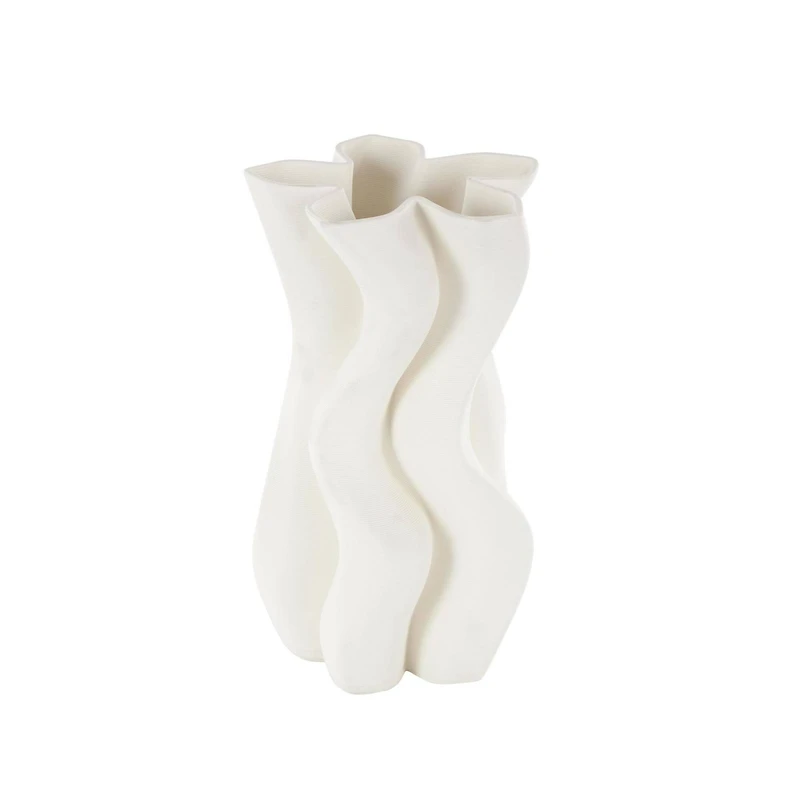 White Ceramic Abstract Ribbed Dimensional Wavy Vase with Floral Shaped Rim