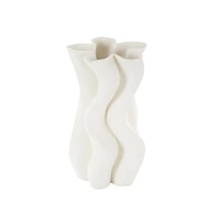 White Ceramic Abstract Ribbed Dimensional Wavy Vase with Floral Shaped Rim