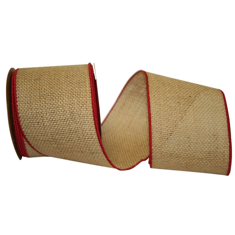 JAM Paper 4" x 10yd. Natural Burlap with Red Wired Edge Ribbon