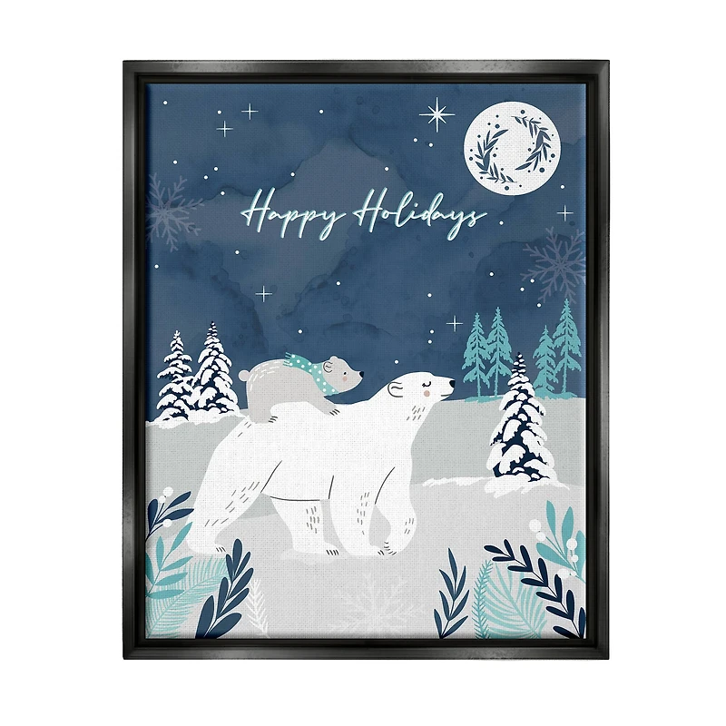 Stupell Industries Happy Holidays Winter Snow Bears Framed Floater Canvas Wall Art