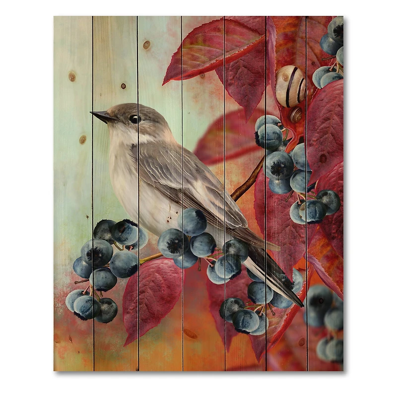 Designart - Little Gray Bird On Red Autumn On Blueberry Twig