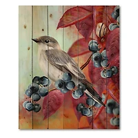 Designart - Little Gray Bird On Red Autumn On Blueberry Twig