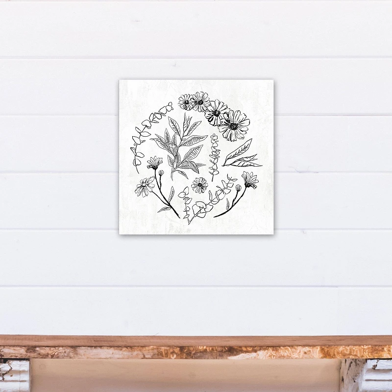 Hand Drawn Flowers and Leaves 16" x 16" Canvas Wall Art