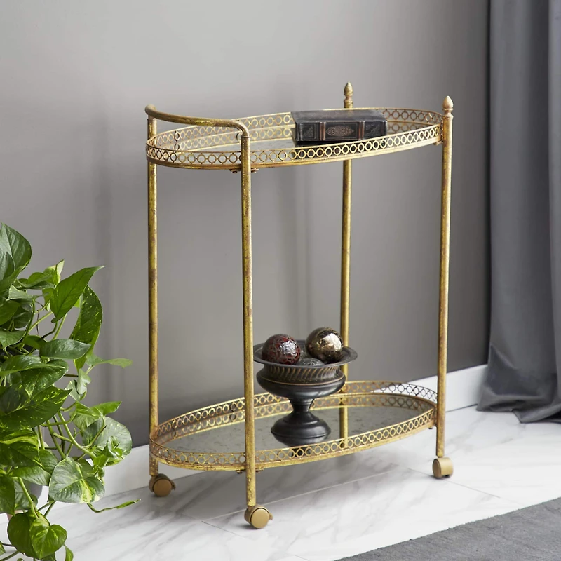 Gold Iron and Glass Traditional Bar Cart, 35" x 30" x 16"