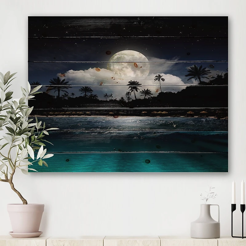 Designart - Fishing Boat Under Tropical Full Moon - Modern Print on Natural Pine Wood