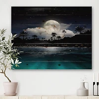 Designart - Fishing Boat Under Tropical Full Moon - Modern Print on Natural Pine Wood