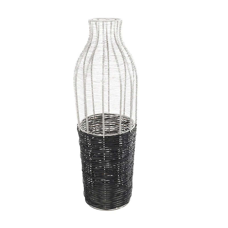 24" Silver Metal Vase with Woven Black Rattan Base
