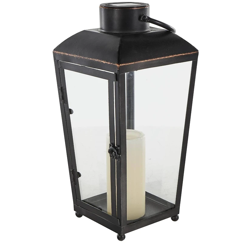 16" Black Metal Modern Candle Lantern with Gold Accents