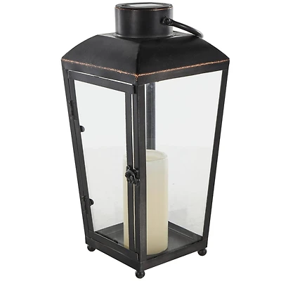 16" Black Metal Modern Candle Lantern with Gold Accents
