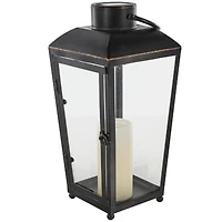 16" Black Metal Modern Candle Lantern with Gold Accents