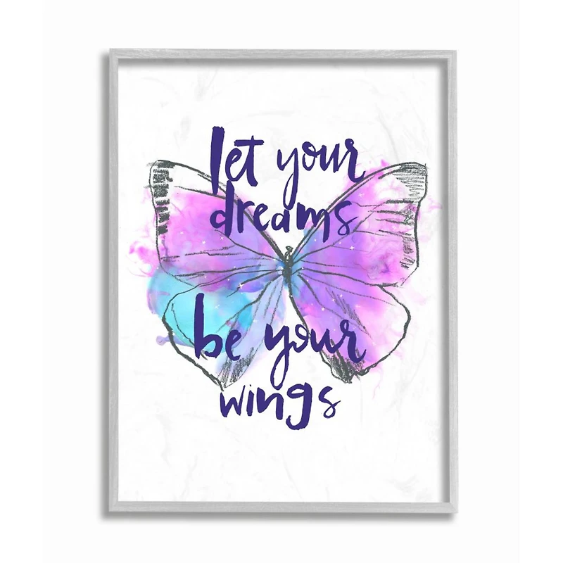 Stupell Industries Dreams Quote Purple Blue Butterfly Inspirational Sketch in Gray Frame Wall Art