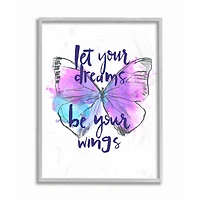 Stupell Industries Dreams Quote Purple Blue Butterfly Inspirational Sketch in Gray Frame Wall Art