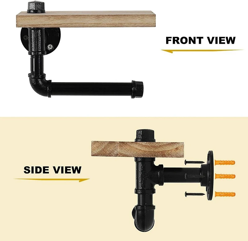 Natural Brown Industrial Wall-Mounted Rustic Toilet Paper Holder with Wood Shelf