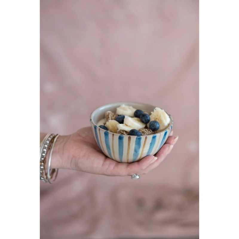 Hello Honey® Blue & Yellow Painted Stripes Stoneware Bowls, 12ct.