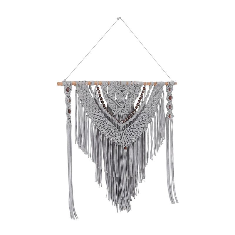 Gray Cotton Handmade Intricately Weaved Macrame Wall Decor with Beaded Fringe Tassels 36" x 1" x 46"