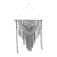Gray Cotton Handmade Intricately Weaved Macrame Wall Decor with Beaded Fringe Tassels 36" x 1" x 46"