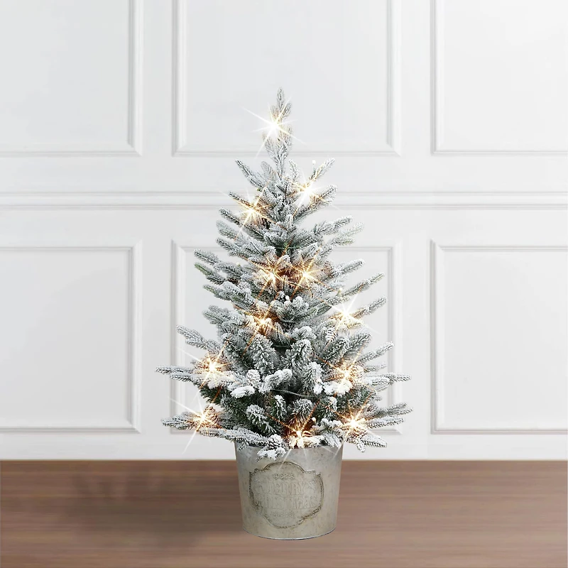 3ft. Pre-Lit Potted Flocked Artificial Christmas Tree, White LED Lights