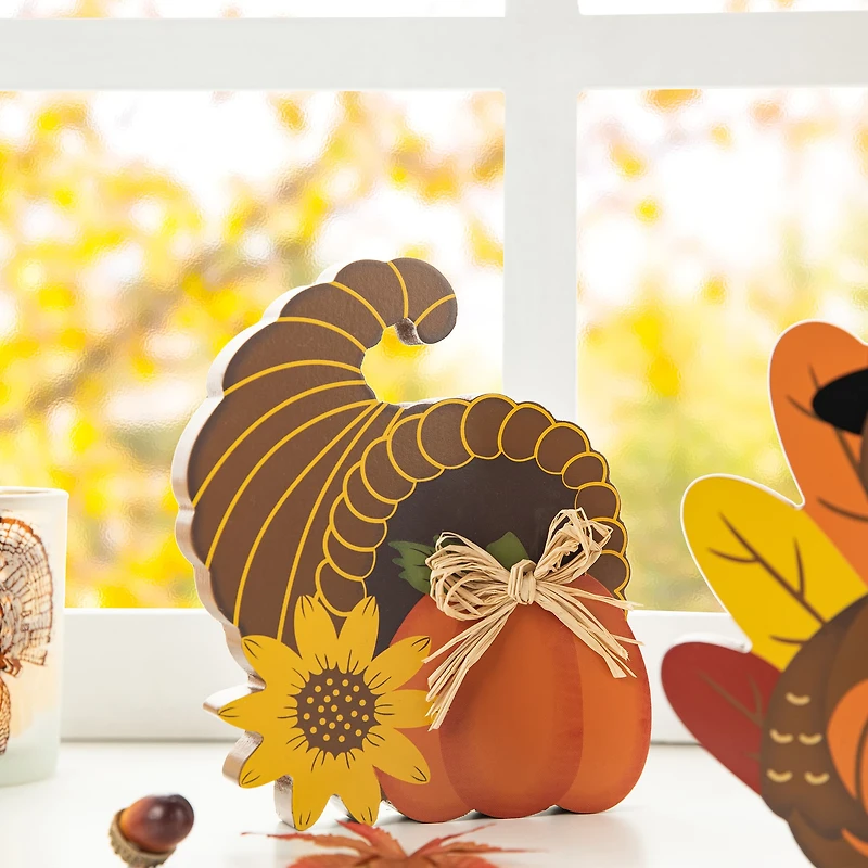 Glitzhome® 7" Thanksgiving Wooden Pumpkin, Turkey & Croissant Table Décor Set