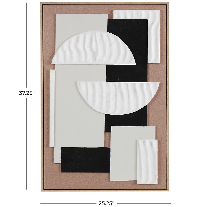 25" x 37" Brown Wooden Geometric Wall Art with Abstract Black and White Shapes