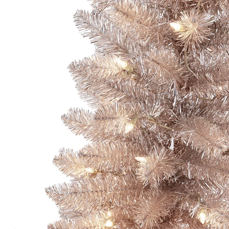 7ft. Pre-Lit Rose Gold Tinsel Artificial Christmas Tree, Clear Lights