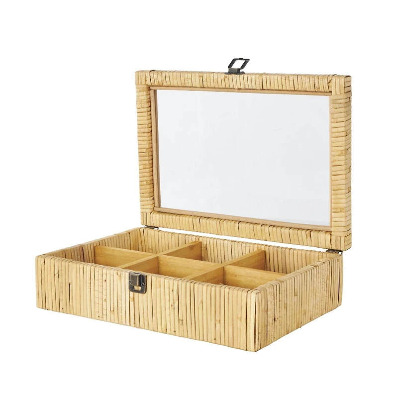 12" x 9" x 4" Brown Hand-Wrapped Rattan 6-Slot Jewelry Box with Tempered Glass Top