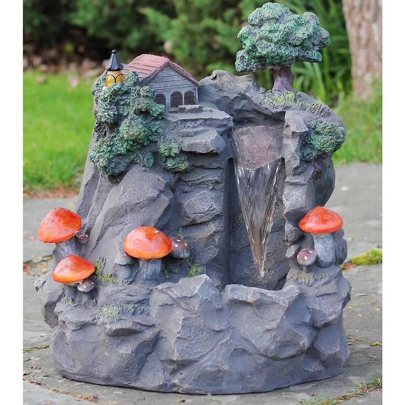 24.5" Solar LED Lighted Mushrooms by Waterfall Outdoor Patio Garden Water Fountain