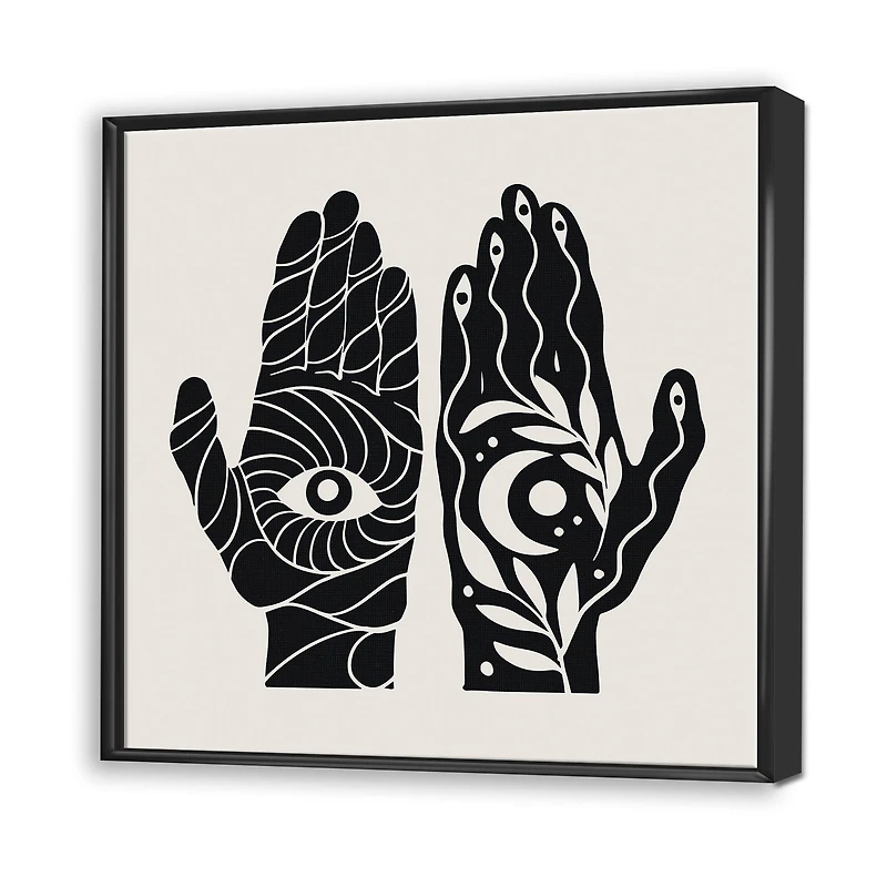 Designart - HamSa Hands With Eye And Moon Black And White Illustration