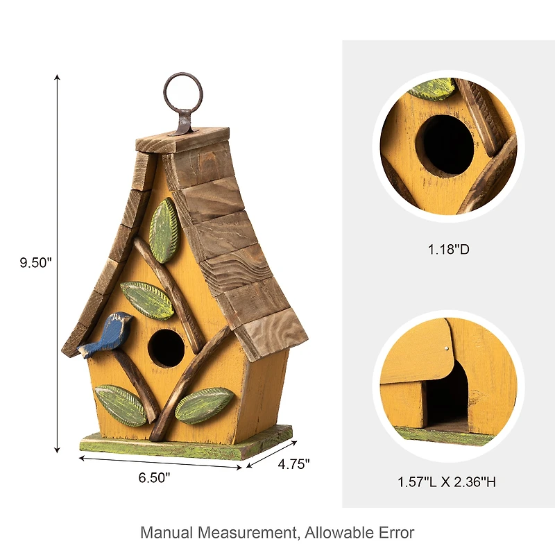 Glitzhome® 9.5" Yellow Distressed Wood Birdhouse with Leaves