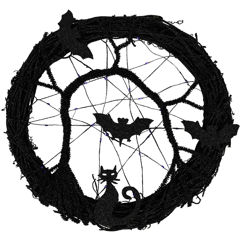 13" Black & Purple LED Halloween Twig Wreath with Bats