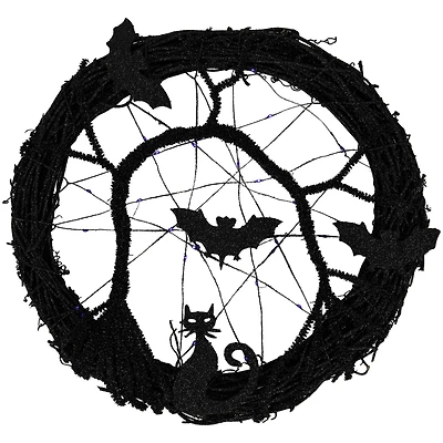 13" Black & Purple LED Halloween Twig Wreath with Bats