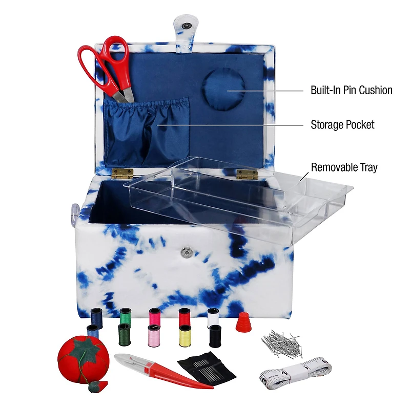 SINGER® Large Blue & White Tie Dye Print Sewing Basket with Sewing Kit