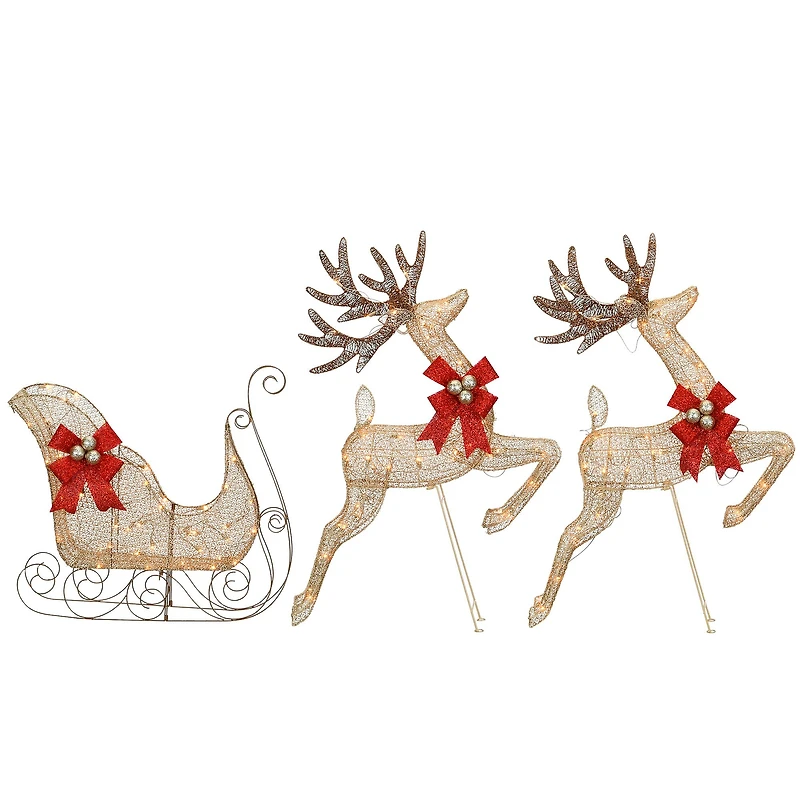 Champagne Reindeer and Sleigh with Clear Lights Decoration