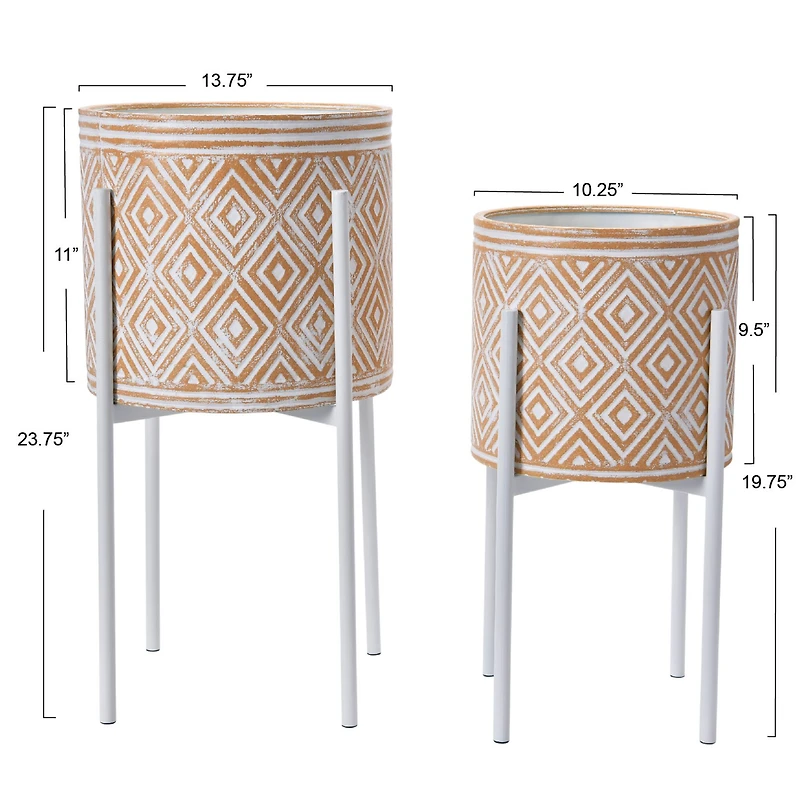 Hello Honey® White & Terracotta Boho Embossed Metal Planters with Stands Set